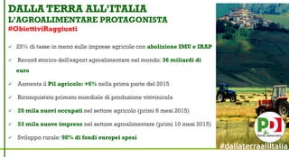 DALLA TERRA ALL’ITALIA
L’AGROALIMENTARE PROTAGONISTA
#ObiettiviRaggiunti
 25% di tasse in meno sulle imprese agricole con abolizione IMU e IRAP
 Record storico dell'export agroalimentare nel mondo: 36 miliardi di
euro
 Aumenta il Pil agricolo: +6% nella prima parte del 2015
 Riconquistato primato mondiale di produzione vitivinicola
 20 mila nuovi occupati nel settore agricolo (primi 6 mesi 2015)
 53 mila nuove imprese nel settore agroalimentare (primi 10 mesi 2015)
 Sviluppo rurale: 98% di fondi europei spesi
#dallaterraallItalia
 