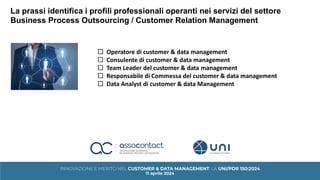  Operatore di customer & data management
 Consulente di customer & data management
 Team Leader del customer & data management
 Responsabile di Commessa del customer & data management
 Data Analyst di customer & data Management
La prassi identifica i profili professionali operanti nei servizi del settore
Business Process Outsourcing / Customer Relation Management
 