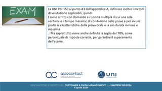 La UNI Pdr 150 al punto A3 dell’appendice A, definisce inoltre i metodi
di valutazione applicabili, quindi:
Esame scritto con domande a risposta multipla di cui una sola
veritiera e il tempo massimo di conduzione delle prove e per alcuni
profili le caratteristiche della prova orale e la sua durata minima e
massima
.. Ma soprattutto viene anche definita la soglia del 70%, come
percentuale di risposte corrette, per garantire il superamento
dell’esame.
 