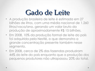 Gado de Leite
Gado de Leite
• A produção brasileira de leite é estimada em 27
bilhões de litros, com uma média nacional de 1.260
litros/vaca/ano, gerando um valor bruto da
produção de aproximadamente R$ 15 bilhões.
• Em 2008, 10% da produção formal de leite do país
foi adquirida pela Nestlé, o que demonstra a
grande concentração presente também nesse
segmento.
• Em 2008, cerca de 2% das fazendas produziram
44% do leite do país enquanto que a produção dos
pequenos produtores não ultrapassou 20% do total.
 