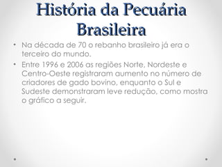 História da Pecuária
História da Pecuária
Brasileira
Brasileira
• Na década de 70 o rebanho brasileiro já era o
terceiro do mundo.
• Entre 1996 e 2006 as regiões Norte, Nordeste e
Centro-Oeste registraram aumento no número de
criadores de gado bovino, enquanto o Sul e
Sudeste demonstraram leve redução, como mostra
o gráfico a seguir.
 