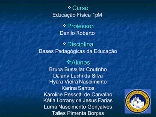 CursoCurso
Educação Física 1pM
 ProfessorProfessor
Danilo Roberto
 DisciplinaDisciplina
Bases Pedagógicas da Educação
AlunosAlunos
Bruna Bussular Coutinho
Daiany Luchi da Silva
Hyara Vieira Nascimento
Karina Santos
Karoline Pessotti de Carvalho
Kátia Lorrany de Jesus Farias
Luma Nascimento Gonçalves
Talles Pimenta Borges
 