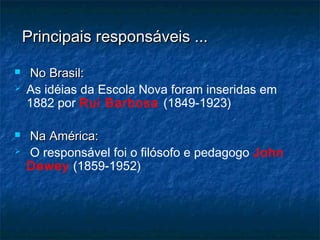 No Brasil:No Brasil:
 As idéias da Escola Nova foram inseridas em
1882 por Rui Barbosa (1849-1923)
 Na América:Na América:
 O responsável foi o filósofo e pedagogo John
Dewey (1859-1952)
Principais responsáveis ...Principais responsáveis ...
 