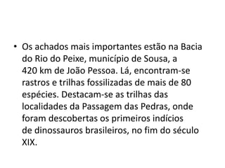 • Os achados mais importantes estão na Bacia
do Rio do Peixe, município de Sousa, a
420 km de João Pessoa. Lá, encontram-se
rastros e trilhas fossilizadas de mais de 80
espécies. Destacam-se as trilhas das
localidades da Passagem das Pedras, onde
foram descobertas os primeiros indícios
de dinossauros brasileiros, no fim do século
XIX.
 