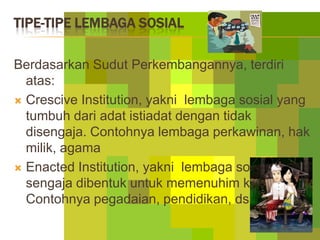 TIPE-TIPE LEMBAGA SOSIAL

Berdasarkan Sudut Perkembangannya, terdiri
  atas:
 Crescive Institution, yakni lembaga sosial ...
