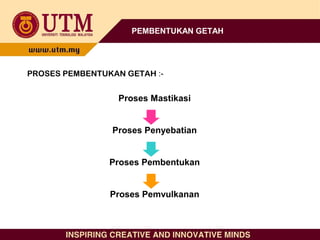 PEMBENTUKAN GETAH
PROSES PEMBENTUKAN GETAH :-
Proses Mastikasi
Proses Penyebatian
Proses Pembentukan
Proses Pemvulkanan
 