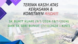 TERIMA KASIH ATAS
KERJASAMA &
KOMITMEN ANDA!!!
SK BUKIT KUARI (9/1/2024-18/1/2024)
DAN SK SERI BUNUT (7/10/2024 – KINI)
 