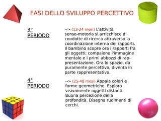 FASI DELLO SVILUPPO PERCETTIVO
3°
PERIODO

--> (13-24 mesi) L'attività

4°
PERIODO

--> (25-48 mesi) Appaia colori e

senso‑motoria si arricchisce di
condotte di ricerca attraverso la
coordinazione interna dei rapporti.
Il bambino scopre ora i rapporti fra
gli oggetti; compaiono l'immagine
mentale e i primi abbozzi di rap­
presentazione. Ora lo spazio, da
puramente percettivo, diventa in
parte rappresentativo.
forme geometriche. Esplora
visivamente oggetti distanti.
Buona percezione della
profondità. Disegna rudimenti di
cerchi.

 