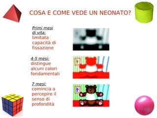 COSA E COME VEDE UN NEONATO?
Primi mesi
di vita:

limitata
capacità di
fissazione
4-5 mesi:

distingue
alcuni colori
fondamentali
7 mesi:

comincia a
percepire il
senso di
profondità

 
