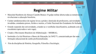 1549 1601 1653 1705 1757 1809 1861 1913 1965 
1964 
Today 
2014 
Regime Militar 
• Marechal Humberto de Alencar Castello Branco: O golpe militar aborta todas as tentativas de 
revolucionar a educação brasileira; 
• Caráter antidemocrático do regime levou a prisão e demissão de professores, universidades 
invadidas, estudantes presos, feridos e mortos, a União Nacional dos Estudantes foi fechada; 
• Grande expansão das universidades, criando-se o vestibular classificatório, acabando com os 
excedentes (aprovados e sem vaga); 
• Criado o Movimento Brasileiro de Alfabetização – MOBRAL; 
• Instituída a Lei de Diretrizes e Bases da Educação, lei 5692/71, caracterizada por dar uma 
formação educacional de cunho profissionalizante. 
• Fim da disciplina de História, Geografia, Filosofia e Sociologia; 
Regime 
Militar 
1964 - 1985 
 