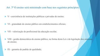 Art. 3º O ensino será ministrado com base nos seguintes princípios: 
 V - coexistência de instituições públicas e privadas de ensino; 
 VI - gratuidade do ensino público em estabelecimentos oficiais; 
 VII - valorização do profissional da educação escolar; 
 VIII - gestão democrática do ensino público, na forma desta Lei e da legislação dos sistemas 
de ensino; 
 IX - garantia de padrão de qualidade; 
 