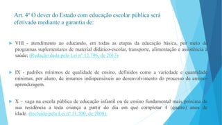 Art. 4º O dever do Estado com educação escolar pública será 
efetivado mediante a garantia de: 
 VIII - atendimento ao educando, em todas as etapas da educação básica, por meio de 
programas suplementares de material didático-escolar, transporte, alimentação e assistência à 
saúde; (Redação dada pela Lei nº 12.796, de 2013) 
 IX - padrões mínimos de qualidade de ensino, definidos como a variedade e quantidade 
mínimas, por aluno, de insumos indispensáveis ao desenvolvimento do processo de ensino-aprendizagem. 
 X – vaga na escola pública de educação infantil ou de ensino fundamental mais próxima de 
sua residência a toda criança a partir do dia em que completar 4 (quatro) anos de 
idade. (Incluído pela Lei nº 11.700, de 2008). 
 