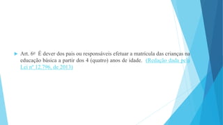  Art. 6o É dever dos pais ou responsáveis efetuar a matrícula das crianças na 
educação básica a partir dos 4 (quatro) anos de idade. (Redação dada pela 
Lei nº 12.796, de 2013) 
 