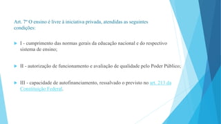 Art. 7º O ensino é livre à iniciativa privada, atendidas as seguintes 
condições: 
 I - cumprimento das normas gerais da educação nacional e do respectivo 
sistema de ensino; 
 II - autorização de funcionamento e avaliação de qualidade pelo Poder Público; 
 III - capacidade de autofinanciamento, ressalvado o previsto no art. 213 da 
Constituição Federal. 
 