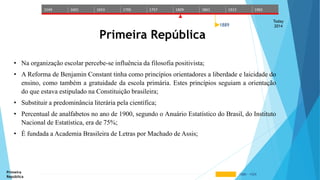 1549 1601 1653 1705 1757 1809 1861 1913 1965 
1889 
Today 
2014 
Primeira República 
• Na organização escolar percebe-se influência da filosofia positivista; 
• A Reforma de Benjamin Constant tinha como princípios orientadores a liberdade e laicidade do 
ensino, como também a gratuidade da escola primária. Estes princípios seguiam a orientação 
do que estava estipulado na Constituição brasileira; 
• Substituir a predominância literária pela científica; 
• Percentual de analfabetos no ano de 1900, segundo o Anuário Estatístico do Brasil, do Instituto 
Nacional de Estatística, era de 75%; 
• É fundada a Academia Brasileira de Letras por Machado de Assis; 
Primeira 
República 
1889 - 1929 
 