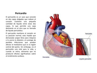 Pericardio
El pericardio es un saco que consiste
en dos capas delgadas que rodean el
corazón. Contiene una pequeña
cantidad de líquido entre estas dos
capas, lo que permite una capa
deslizante en el otro que es llamado
de líquido pericárdico.
El pericardio mantiene el corazón en
su posición normal, esto impide que
demasiada sangre llena para relajarse
e le acorra la diástole y le protege de
posibles infecciones que pueden
afectar el mediastino que es la región
central del pecho. Sin embargo, no el
pericardio una vital para la vida, y
cuando se retira, elemento que no
producirá efectos significativos sobre
el rendimiento cardíaco.
 