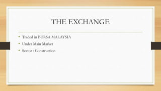 THE EXCHANGE
• Traded in BURSA MALAYSIA
• Under Main Market
• Sector : Construction
 