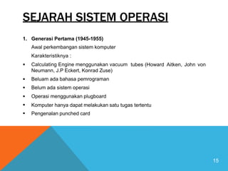 SEJARAH SISTEM OPERASI
1. Generasi Pertama (1945-1955)
Awal perkembangan sistem komputer
Karakteristiknya :
Calculating Engine menggunakan vacuum
Neumann, J.P Eckert, Konrad Zuse)
Beluam ada bahasa pemrograman
Belum ada sistem operasi
Operasi menggunakan plugboard
 tubes (Howard Aitken, John von





Komputer hanya dapat melakukan satu tugas tertentu
Pengenalan punched card
15
 