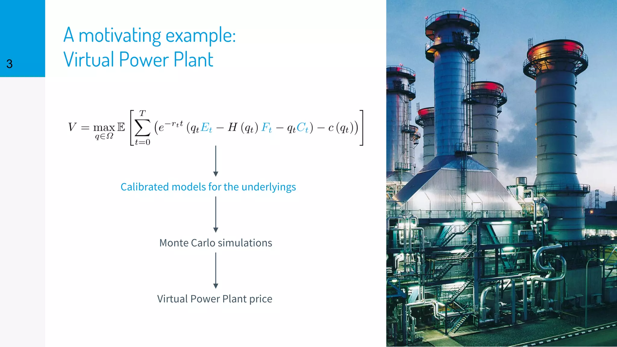 A motivating example:
Virtual Power Plant3
Virtual Power Plant price
Calibrated models for the underlyings
Monte Carlo simulations
 