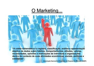 O Marketing...




“A coleta sistemática e o registro, classificação, análise e apresentação
objetiva de dados sobre hábitos, comportamentos, atitudes, valores,
necessidades, opiniões e motivações de indivíduos e organizações
dentro do contexto de suas atividades econômicas, sociais, políticas e
cotidianas”.
                               Associação Nacional de Empresas de Pesquisa de Mercado (ANEP)
                               Associaç
 