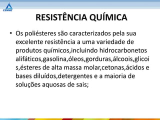RESISTÊNCIA QUÍMICA
• Os poliésteres são caracterizados pela sua
  excelente resistência a uma variedade de
  produtos químicos,incluindo hidrocarbonetos
  alifáticos,gasolina,óleos,gorduras,álcoois,glicoi
  s,ésteres de alta massa molar,cetonas,ácidos e
  bases diluídos,detergentes e a maioria de
  soluções aquosas de sais;
 