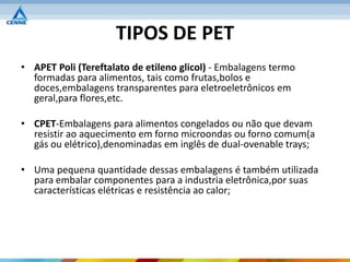 TIPOS DE PET
• APET Poli (Tereftalato de etileno glicol) - Embalagens termo
  formadas para alimentos, tais como frutas,bolos e
  doces,embalagens transparentes para eletroeletrônicos em
  geral,para flores,etc.

• CPET-Embalagens para alimentos congelados ou não que devam
  resistir ao aquecimento em forno microondas ou forno comum(a
  gás ou elétrico),denominadas em inglês de dual-ovenable trays;

• Uma pequena quantidade dessas embalagens é também utilizada
  para embalar componentes para a industria eletrônica,por suas
  características elétricas e resistência ao calor;
 