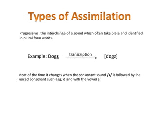 Progressive : the interchange of a sound which often take place and identified
in plural form words.
Example: Dogs transcription [dɒgz]
Most of the time it changes when the consonant sound /s/ is followed by the
voiced consonant such as g, d and with the vowel e.
 