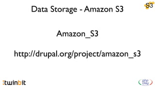 Data Storage - Amazon S3

           Amazon_S3

http://drupal.org/project/amazon_s3
 