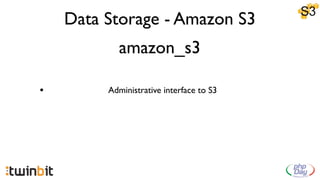 Data Storage - Amazon S3
           amazon_s3

•        Administrative interface to S3
 