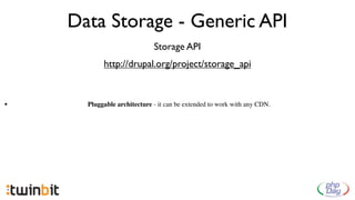 Data Storage - Generic API
                             Storage API
           http://drupal.org/project/storage_api



•     Pluggable architecture - it can be extended to work with any CDN.
 