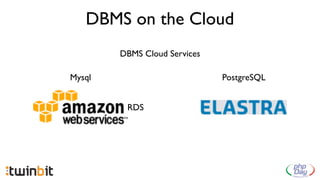DBMS on the Cloud
        DBMS Cloud Services

Mysql                         PostgreSQL


         RDS
 