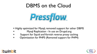 DBMS on the Cloud



• Highly optimized for Mysql, removed support for other DBMS
•           Mysql Replication - In use on Drupal.org
•     Support for Squid and Varnish reverse proxy caching
•     Optimization for PHP5 (Removed support for PHP4)
 