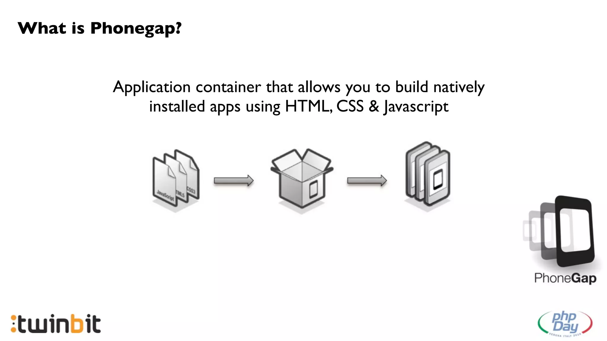 What is Phonegap?


         Application container that allows you to build natively
              installed apps using HTML, CSS & Javascript
 