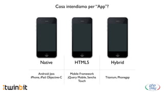 Cosa intendiamo per “App”?




       Native                    HTML5                  Hybrid

     Android: Java            Mobile Framework
iPhone, iPad: Objective-C   jQuery Mobile, Sencha   Titanium, Phonegap
                                    Touch
 
