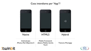 Cosa intendiamo per “App”?




                                                           :-)




       Native                    HTML5                  Hybrid

     Android: Java            Mobile Framework
iPhone, iPad: Objective-C   jQuery Mobile, Sencha   Titanium, Phonegap
                                    Touch
 