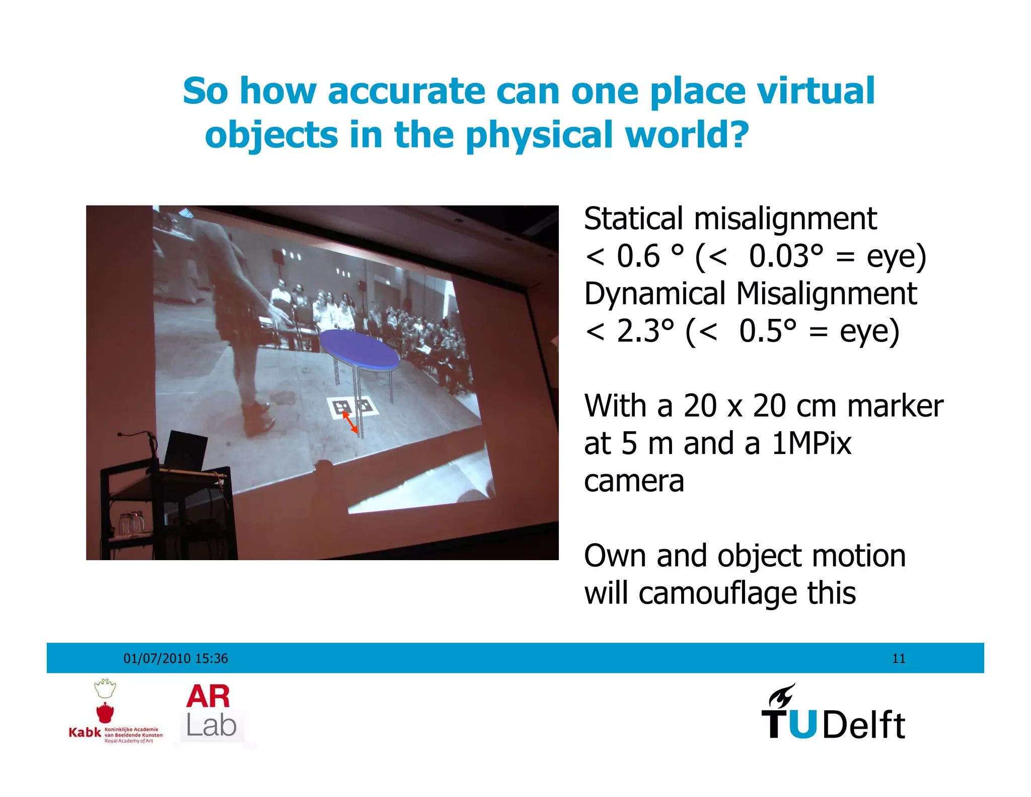 So how accurate can one place virtual
          objects in the physical world?

                              Statical misalignment
                              < 0.6 ° (< 0.03° = eye)
                              Dynamical Misalignment
                              < 2.3° (< 0.5° = eye)

                              With a 20 x 20 cm marker
                              at 5 m and a 1MPix
                              camera

                              Own and object motion
                              will camouflage this
01/07/2010 15:36                                  11
 