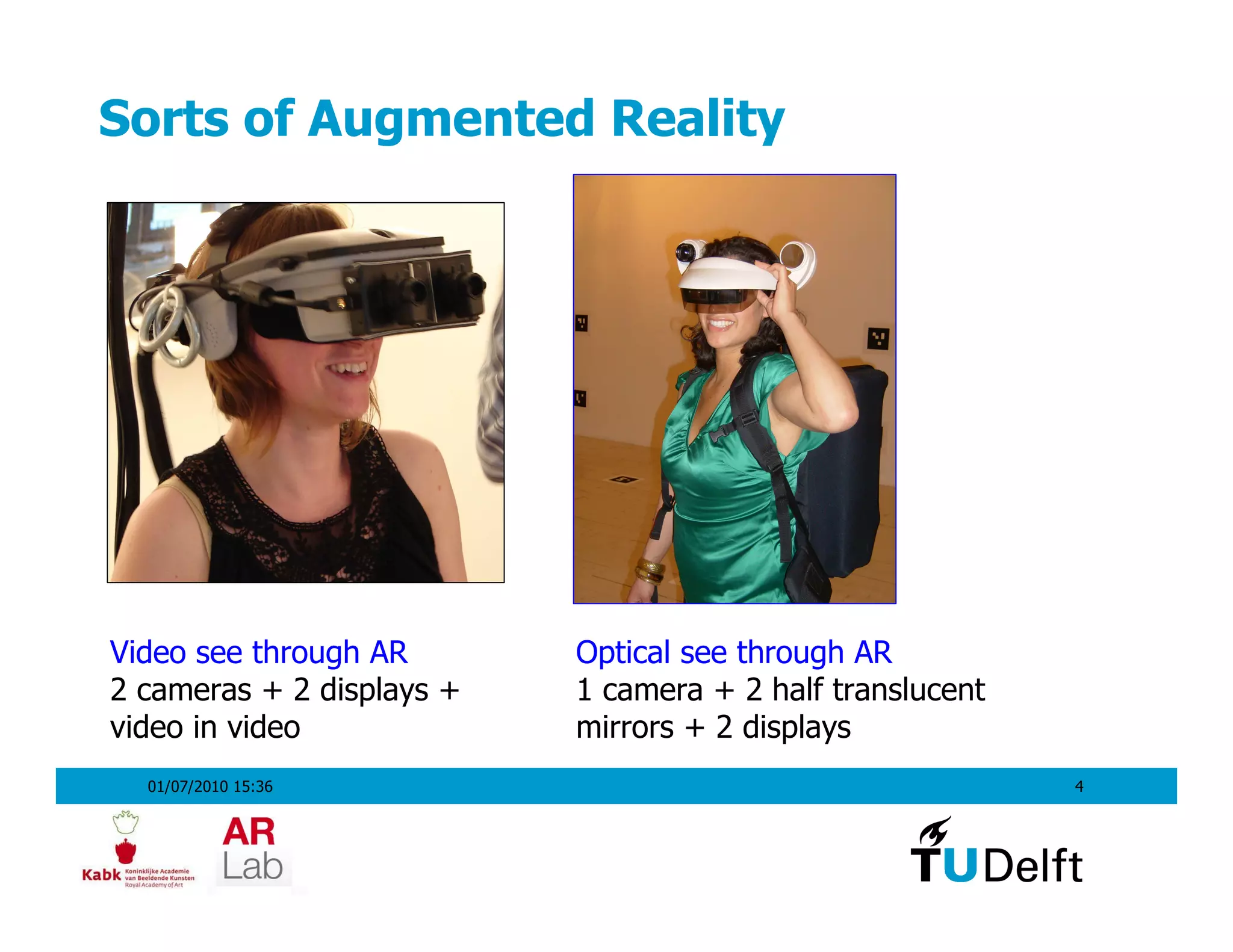 Sorts of Augmented Reality




Video see through AR       Optical see through AR
2 cameras + 2 displays +   1 camera + 2 half translucent
video in video             mirrors + 2 displays
  01/07/2010 15:36                                         4
 