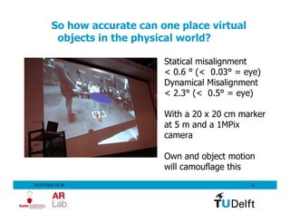 So how accurate can one place virtual
          objects in the physical world?

                              Statical misalignment
                              < 0.6 ° (< 0.03° = eye)
                              Dynamical Misalignment
                              < 2.3° (< 0.5° = eye)

                              With a 20 x 20 cm marker
                              at 5 m and a 1MPix
                              camera

                              Own and object motion
                              will camouflage this
01/07/2010 15:36                                  11
 