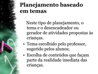 Planejamento baseado em temas Neste tipo de planejamento, o tema e o desencadeador ou gerador de atividades propostas às crianças. Tema escolhido pelo professor, sugerido pelos alunos; Escolha de conteúdos que façam parte da realidade imediata das crianças. 