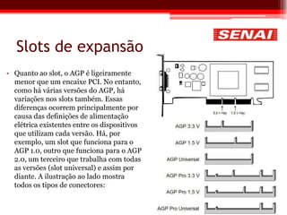 Slots de expansão
• Quanto ao slot, o AGP é ligeiramente
menor que um encaixe PCI. No entanto,
como há várias versões do AGP, há
variações nos slots também. Essas
diferenças ocorrem principalmente por
causa das definições de alimentação
elétrica existentes entre os dispositivos
que utilizam cada versão. Há, por
exemplo, um slot que funciona para o
AGP 1.0, outro que funciona para o AGP
2.0, um terceiro que trabalha com todas
as versões (slot universal) e assim por
diante. A ilustração ao lado mostra
todos os tipos de conectores:
 