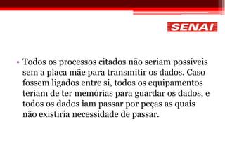 • Todos os processos citados não seriam possíveis
sem a placa mãe para transmitir os dados. Caso
fossem ligados entre si, todos os equipamentos
teriam de ter memórias para guardar os dados, e
todos os dados iam passar por peças as quais
não existiria necessidade de passar.
 