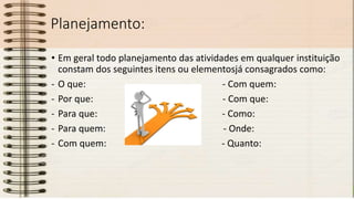 Planejamento:
• Em geral todo planejamento das atividades em qualquer instituição
constam dos seguintes itens ou elementosjá consagrados como:
- O que: - Com quem:
- Por que: - Com que:
- Para que: - Como:
- Para quem: - Onde:
- Com quem: - Quanto:
 