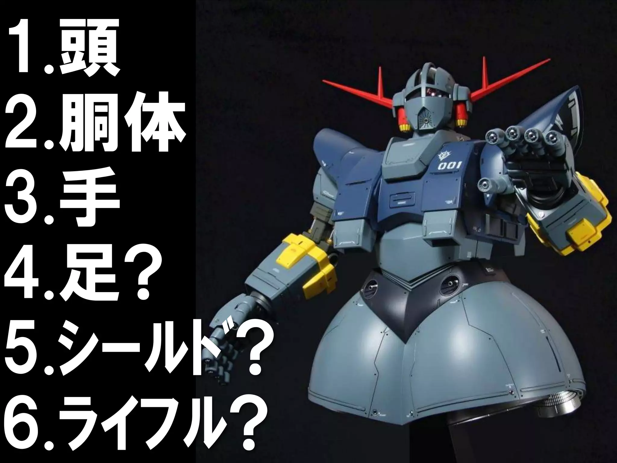 1.頭
2.胴体
3.手
4.足?
5.ｼｰﾙﾄﾞ?
6.ﾗｲﾌﾙ?
 