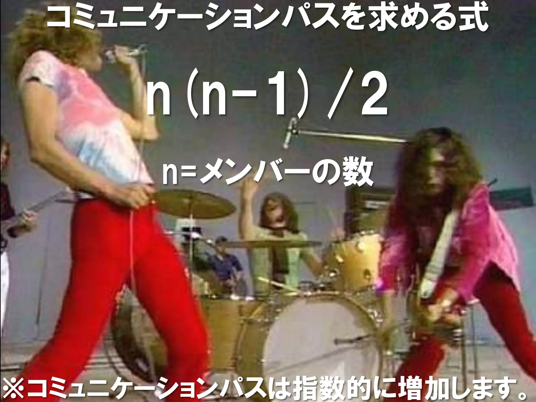 コミュニケーションパスを求める式

      n(n-1)/2
      n=メンバーの数




※コミュニケーションパスは指数的に増加します。
 
