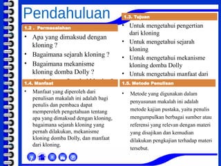 


χ
1.2 . Permasalahan
• Apa yang dimaksud dengan
kloning ?
• Bagaimana sejarah kloning ?
• Bagaimana mekanisme
kloning domba Dolly ?
• Apakah manfaat dari kloning?
1.4. Manfaat
• Manfaat yang diperoleh dari
penulisan makalah ini adalah bagi
penulis dan pembaca dapat
memperoleh pengetahuan tentang
apa yang dimaksud dengan kloning,
bagaimana sejarah kloning yang
pernah dilakukan, mekanisme
kloning domba Dolly, dan manfaat
dari kloning.
1.3. Tujuan
• Untuk mengetahui pengertian
dari kloning
• Untuk mengetahui sejarah
kloning
• Untuk mengetahui mekanisme
kloning domba Dolly
• Untuk mengetahui manfaat dari
kloning
1.5. Metode Penulisan
• Metode yang digunakan dalam
penyusunan makalah ini adalah
metode kajian pustaka, yaitu penulis
mengumpulkan berbagai sumber atau
referensi yang relevan dengan materi
yang disajikan dan kemudian
dilakukan pengkajian terhadap materi
tersebut.
 