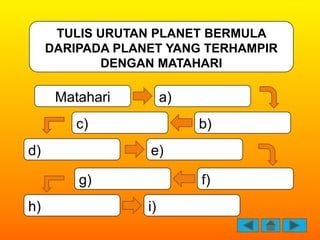 TULIS URUTAN PLANET BERMULA
     DARIPADA PLANET YANG TERHAMPIR
            DENGAN MATAHARI

      Matahari         a)
   ...