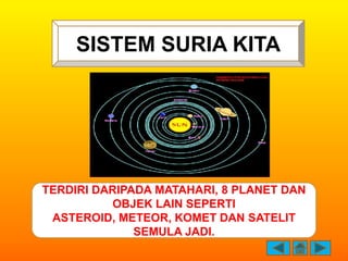 SISTEM SURIA KITA




TERDIRI DARIPADA MATAHARI, 8 PLANET DAN
          OBJEK LAIN SEPERTI
 ASTEROID, METEOR, KOMET DAN SA...