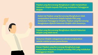 Dalam hal Pejabat yang Berwenang Menghukum tidak
menjatuhkan Hukuman Disiplin kepada PNS yang
melakukan Pelanggaran Disiplin, Pejabat yang Berwenang
Menghukum dijatuhi Hukuman Disiplin oleh atasannya.
Pejabat yang Berwenang Menghukum wajib menjatuhkan
Hukuman Disiplin kepada PNS yang melakukan Pelanggaran
Disiplin
Pejabat yang Berwenang Menghukum dijatuhi Hukuman
Disiplin yang lebih berat.
Hukuman Disiplin sebagaimana dimaksud dijatuhkan
setelah melalui proses pemeriksaan.
Atasan Pejabat yang Berwenang Menghukum juga
menjatuhkan Hukuman Disiplin terhadap PNS yang melakukan
Pelanggaran Disiplin
 