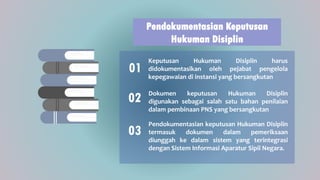 Pendokumentasian Keputusan
Hukuman Disiplin
Keputusan Hukuman Disiplin harus
didokumentasikan oleh pejabat pengelola
kepegawaian di instansi yang bersangkutan
01
Dokumen keputusan Hukuman Disiplin
digunakan sebagai salah satu bahan penilaian
dalam pembinaan PNS yang bersangkutan
02
Pendokumentasian keputusan Hukuman Disiplin
termasuk dokumen dalam pemeriksaan
diunggah ke dalam sistem yang terintegrasi
dengan Sistem Informasi Aparatur Sipil Negara.
03
 