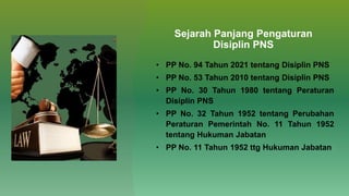 Sejarah Panjang Pengaturan
Disiplin PNS
• PP No. 94 Tahun 2021 tentang Disiplin PNS
• PP No. 53 Tahun 2010 tentang Disiplin PNS
• PP No. 30 Tahun 1980 tentang Peraturan
Disiplin PNS
• PP No. 32 Tahun 1952 tentang Perubahan
Peraturan Pemerintah No. 11 Tahun 1952
tentang Hukuman Jabatan
• PP No. 11 Tahun 1952 ttg Hukuman Jabatan
 